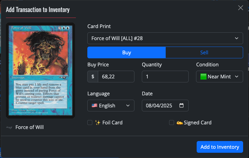Add transaction form for a card
